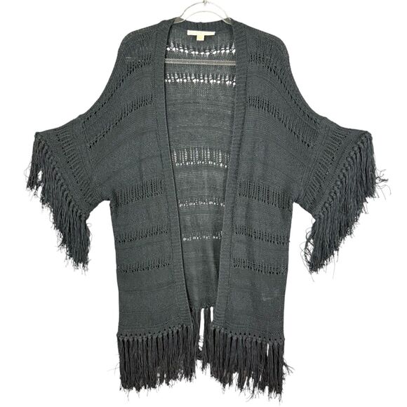 Boston Proper Open Stitch Fringe Cardigan Open Duster Black Boho Sz S/M - Picture 1 of 12